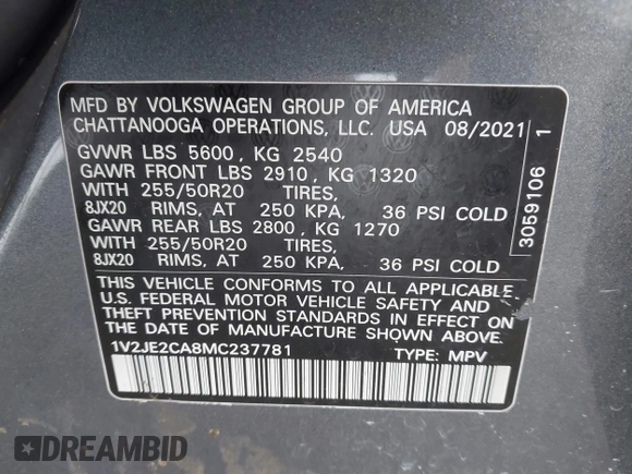 2021 Volkswagen Atlas SE z VIN 1V2JE2CA8MC237781, wystawiony jako IAAI lot #42404797 z przebiegiem Nie podano mil oraz . Historia ofert i sprzedaży dostępna na DreamBid. Obrazek 9.
