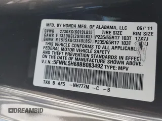 2011 Honda Odyssey EX-L with VIN 5FNRL5H68BB083492, listed as a IAAI auction lot 42087699 with 155,141 mi miles and . Bid and sale history available at carsss.com. Image 9.