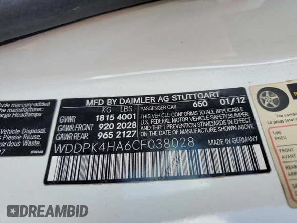 2012 Mercedes-Benz SLK 250 with VIN WDDPK4HA6CF038028, listed as a Copart auction lot 66120405 with 201,771 mi miles and Salvage title. Bid and sale history available at DreamBid. Image 13.