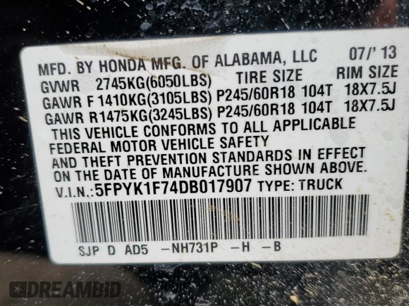 2013 Honda Ridgeline Sport with VIN 5FPYK1F74DB017907, listed as a Copart auction lot 55666355 with 140,117 mi miles and Salvage title. Bid and sale history available at DreamBid. Image 13.