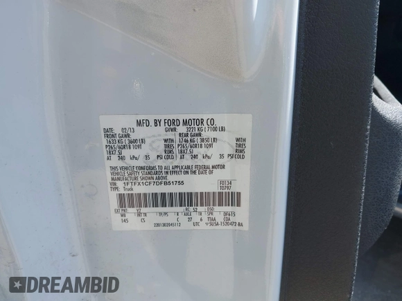 2013 Ford F-150 XL with VIN 1FTFX1CF7DFB51755, listed as a IAAI auction lot 42647291 with Not provided miles and . Bid and sale history available at DreamBid. Image 9.
