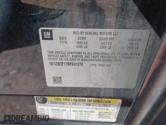 2011 Chevrolet Malibu 1LS with VIN 1G1ZB5E17BF241076, listed as a IAAI auction lot 41996747 with 305,362 mi miles and . Bid and sale history available at DreamBid. Image 9.