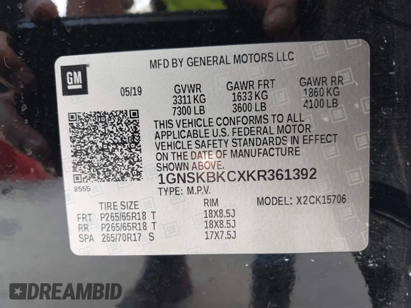 2019 Chevrolet Tahoe LT z VIN 1GNSKBKCXKR361392, wystawiony jako IAAI lot #42661332 z przebiegiem 112 973 mil mil oraz . Historia ofert i sprzedaży dostępna na DreamBid. Obrazek 9.