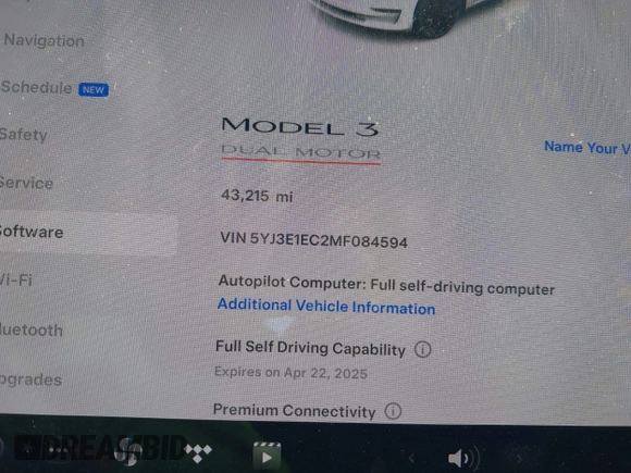 2021 Tesla Model 3 Performance with VIN 5YJ3E1EC2MF084594, listed as a IAAI auction lot 42030339 with 43,215 mi miles and . Bid and sale history available at DreamBid. Image 7.