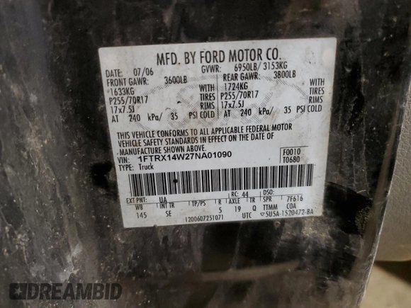2007 Ford F-150 STX with VIN 1FTRX14W27NA01090, listed as a Copart auction lot 47492395 with 263,087 mi miles and Clean Title. Bid and sale history available at carsss.com. Image 12.