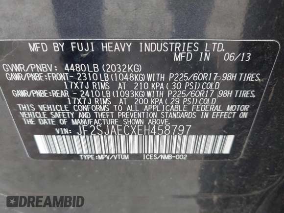 2014 Subaru Forester Premium with VIN JF2SJAECXEH458797, listed as a IAAI auction lot 42574423 with 143,540 mi miles and . Bid and sale history available at DreamBid. Image 9.
