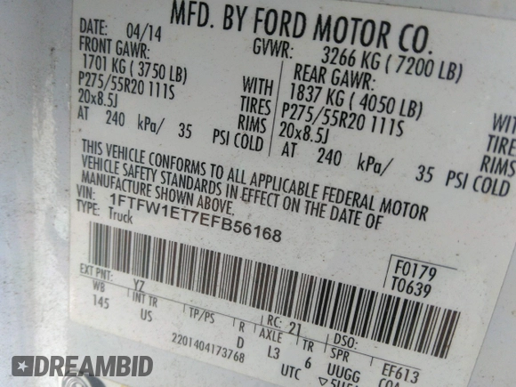 2014 Ford F-150 XL with VIN 1FTFW1ET7EFB56168, listed as a IAAI auction lot 41833365 with 97,720 mi miles and . Bid and sale history available at carsss.com. Image 9.