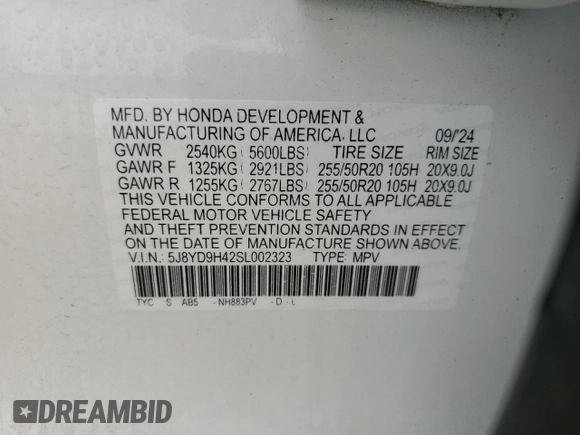 2025 Acura MDX Technology with VIN 5J8YD9H42SL002323, listed as a Copart auction lot 58793985 with 11,133 mi miles and Salvage title. Bid and sale history available at DreamBid. Image 12.
