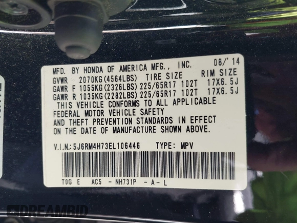 2014 Honda CR-V EX-L with VIN 5J6RM4H73EL106446, listed as a IAAI auction lot 42035510 with 235,070 mi miles. Bid and sale history available at carsss.com. Image 9.