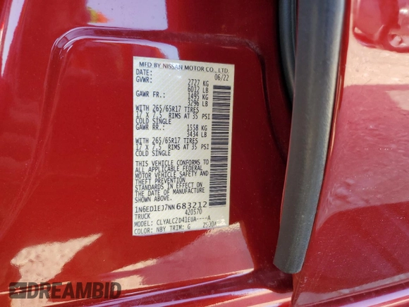 2022 Nissan Frontier SV с VIN 1N6ED1EJ7NN683212, выставлен на аукционе Copart как лот 54151795 с пробегом 18 247 миль миль и Списание • Salvage title. История ставок и продаж доступна на DreamBid. Изображение 12.