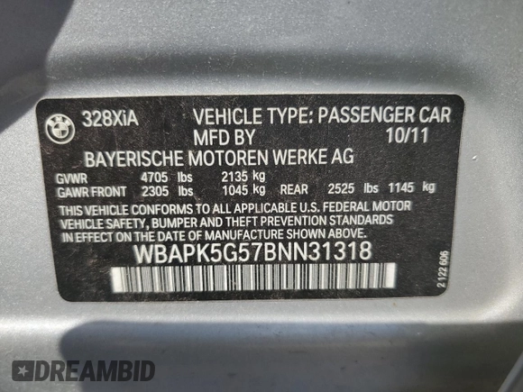 2011 BMW 3 Series 328i xDrive with VIN WBAPK5G57BNN31318, listed as a Copart auction lot 61127785 with Not provided miles and Salvage title. Bid and sale history available at DreamBid. Image 12.