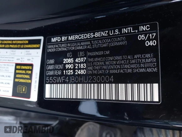 2017 Mercedes-Benz C 300 with VIN 55SWF4JB0HU230004, listed as a IAAI auction lot 41885609 with 45,289 mi miles and . Bid and sale history available at carsss.com. Image 9.