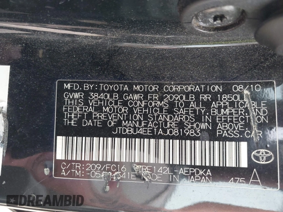 2010 Toyota Corolla with VIN JTDBU4EE1AJ081983, listed as a IAAI auction lot 42364583 with 282,009 mi miles and . Bid and sale history available at DreamBid. Image 9.