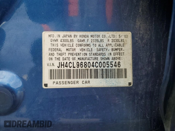 2004 Acura TSX with VIN JH4CL96804C005546, listed as a Copart auction lot 50717235 with 274,971 mi miles and Salvage title. Bid and sale history available at DreamBid. Image 13.