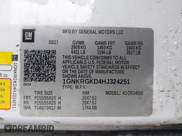 2017 Chevrolet Traverse LT with VIN 1GNKRGKD4HJ324251, listed as a IAAI auction lot 41417741 with 216,641 mi miles and . Bid and sale history available at DreamBid. Image 9.