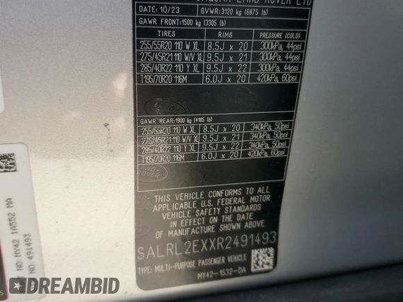 2024 Land Rover Discovery with VIN SALRL2EXXR2491493, listed as a Copart auction lot 73174074 with 850 mi miles and Salvage Title. Bid and sale history available at DreamBid. Image 14.