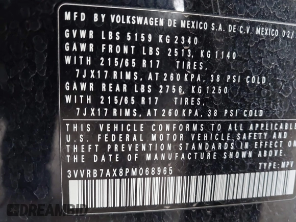 2023 Volkswagen Tiguan S with VIN 3VVRB7AX8PM068965, listed as a IAAI auction lot 42117545 with 60,121 mi miles and . Bid and sale history available at DreamBid. Image 9.