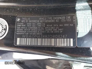 2002 BMW 7 Series 745Li with VIN WBAGN63482DR03247, listed as a IAAI auction lot 41703923 with 84,761 mi miles and . Bid and sale history available at carsss.com. Image 9.