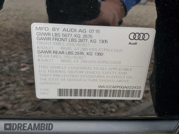 2016 Audi SQ5 Premium Plus с VIN WA1CCAFP0GA022433, выставлен на аукционе Copart как лот 57869265 с пробегом 107 229 миль миль и Списание • Salvage title. История ставок и продаж доступна на DreamBid. Изображение 12.