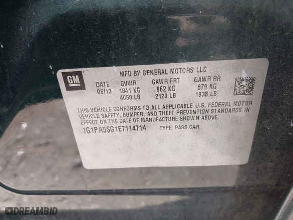 2014 Chevrolet Cruze LS with VIN 1G1PA5SG1E7114714, listed as a IAAI auction lot 41967581 with 246,526 mi miles. Bid and sale history available at carsss.com. Image 9.