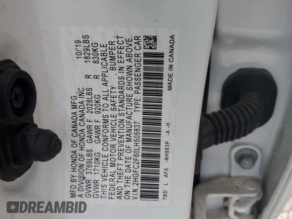 2020 Honda Civic LX with VIN 2HGFC2F60LH505837, listed as a Copart auction lot 50656215 with 49,861 mi miles and Salvage Title. Bid and sale history available at DreamBid. Image 14.