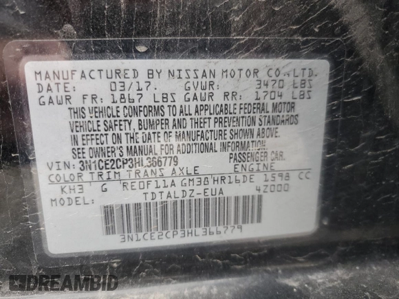 2017 Nissan Note SV with VIN 3N1CE2CP3HL366779, listed as a Copart auction lot 50576905 with 149,907 mi miles and Salvage Title. Bid and sale history available at DreamBid. Image 15.