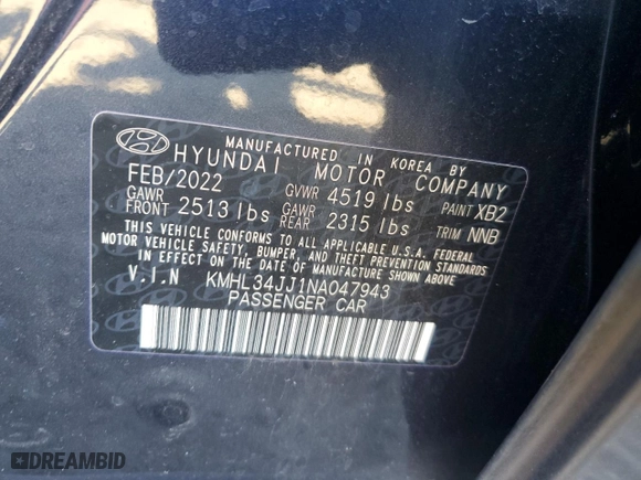 2022 Hyundai Sonata Hybrid SEL with VIN KMHL34JJ1NA047943, listed as a Copart auction lot 76263234 with 54,065 mi miles and Salvage Title. Bid and sale history available at carsss.com. Image 14.