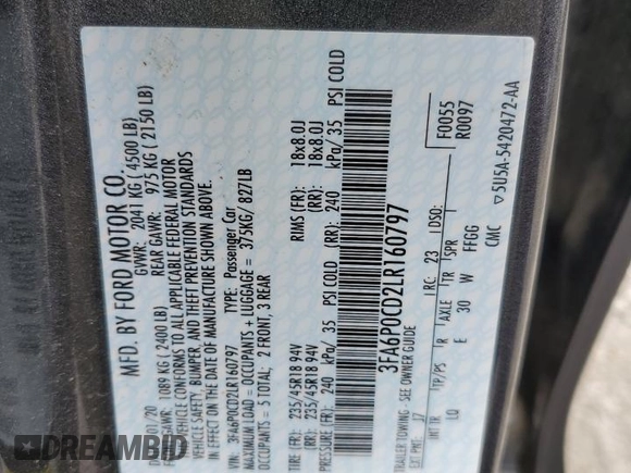 2020 Ford Fusion SEL with VIN 3FA6P0CD2LR160797, listed as a Copart auction lot 57671175 with 72,346 mi miles and Salvage title. Bid and sale history available at DreamBid. Image 12.