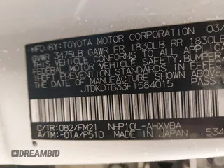 2015 Toyota Prius One with VIN JTDKDTB33F1584015, listed as a IAAI auction lot 41938091 with Not Provided miles and . Bid and sale history available at carsss.com. Image 9.