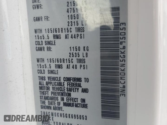 2016 Nissan NV200 S with VIN 3N6CM0KN5GK695053, listed as a Copart auction lot 56684105 with 88,577 mi miles and Salvage title. Bid and sale history available at DreamBid. Image 13.