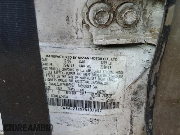 2007 Nissan Altima 2.5 with VIN 1N4AL21EX7N407957, listed as a Copart auction lot 53659384 with 220,064 mi miles and Salvage Title. Bid and sale history available at carsss.com. Image 13.