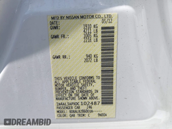 2013 Nissan Altima SV with VIN 1N4AL3APXDC102487, listed as a IAAI auction lot 42179813 with 120,218 mi miles and . Bid and sale history available at carsss.com. Image 9.