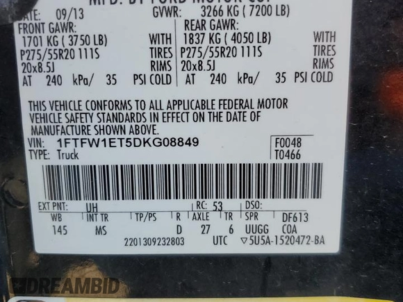 2013 Ford F-150 XL with VIN 1FTFW1ET5DKG08849, listed as a Copart auction lot 48300095 with 154,040 mi miles and Salvage Title. Bid and sale history available at carsss.com. Image 12.