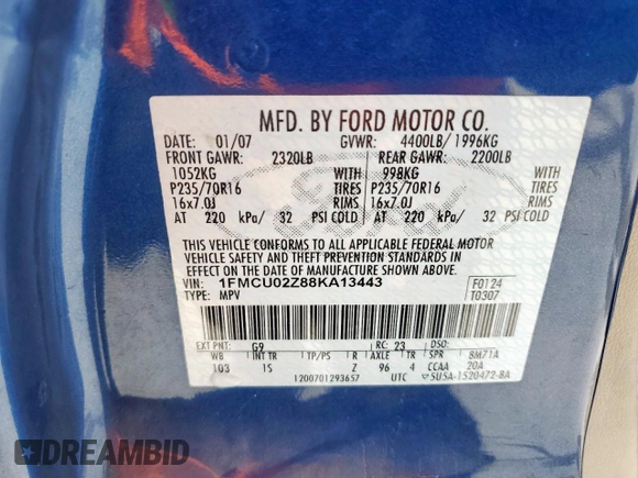 2008 Ford Escape XLS with VIN 1FMCU02Z88KA13443, listed as a Copart auction lot 61202005 with 226,678 mi miles and Salvage title. Bid and sale history available at DreamBid. Image 13.