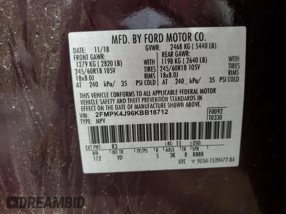 2019 Ford Edge SEL with VIN 2FMPK4J96KBB18712, listed as a Copart auction lot 61601225 with 29,473 mi miles and Salvage title. Bid and sale history available at DreamBid. Image 13.