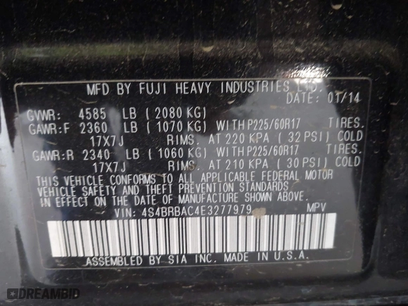 2014 Subaru Outback 2.5i with VIN 4S4BRBAC4E3277979, listed as a IAAI auction lot 42024903 with 202,662 mi miles. Bid and sale history available at carsss.com. Image 9.