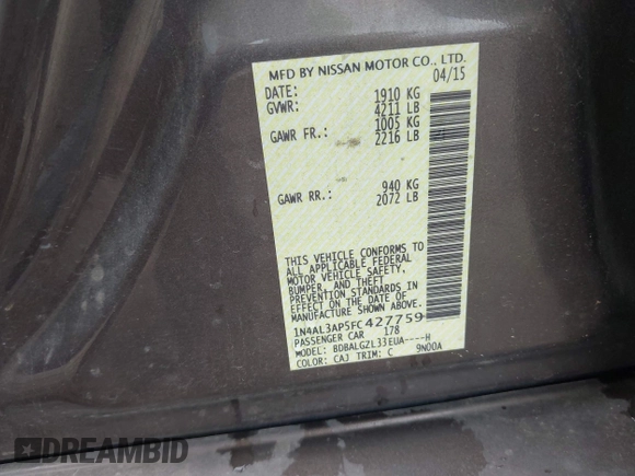 2015 Nissan Altima 2.5 S with VIN 1N4AL3AP5FC427759, listed as a IAAI auction lot 42091647 with 182,132 mi miles. Bid and sale history available at carsss.com. Image 9.