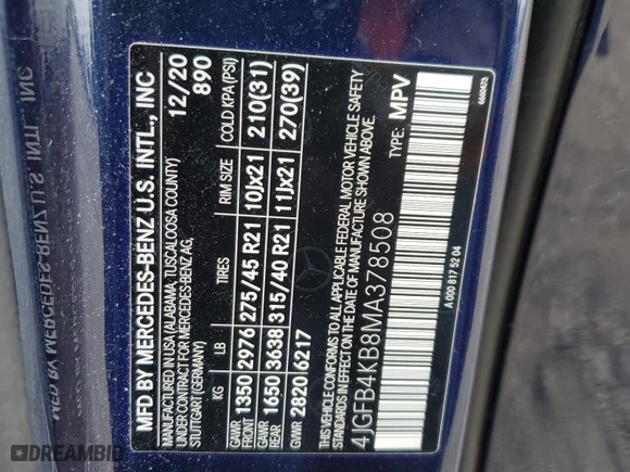 2021 Mercedes-Benz GLE with VIN 4JGFB4KB8MA378508, listed as a Copart auction lot 45896325 with 46,441 mi miles and Salvage Title. Bid and sale history available at carsss.com. Image 15.