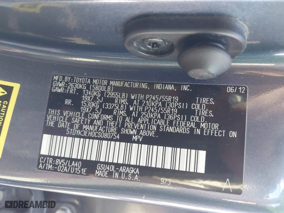 2012 Toyota Highlander Limited with VIN 5TDYK3EH0CS080754, listed as a IAAI auction lot 41657486 with 185,119 mi miles. Bid and sale history available at carsss.com. Image 9.