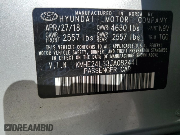 2018 Hyundai Sonata Hybrid SE with VIN KMHE24L33JA082441, listed as a Copart auction lot 81591774 with 83,634 mi miles and Salvage Title. Bid and sale history available at carsss.com. Image 13.