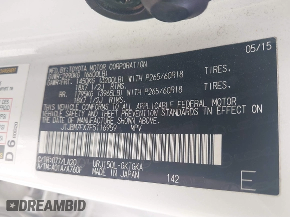 2015 Lexus GX 460 with VIN JTJBM7FX7F5116959, listed as a IAAI auction lot 41868186 with 249,402 mi miles and . Bid and sale history available at carsss.com. Image 9.