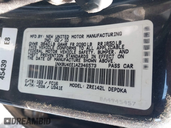 2010 Toyota Corolla с VIN 1NXBU4EE1AZ346573, выставлен на аукционе IAAI как лот 41819181 с пробегом 139 347 миль миль и . История ставок и продаж доступна на DreamBid. Изображение 9.