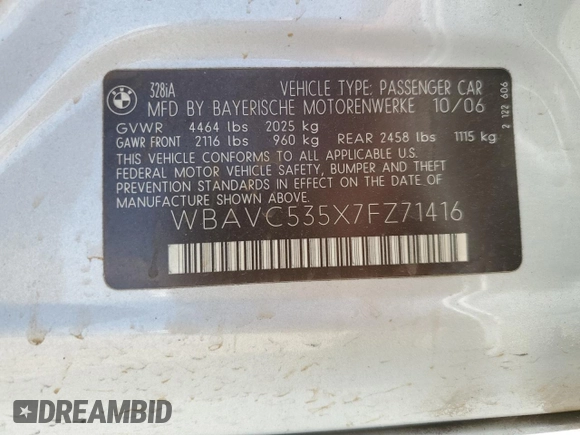 2007 BMW 3 Series 328i with VIN WBAVC535X7FZ71416, listed as a Copart auction lot 56311595 with 163,570 mi miles and Salvage title. Bid and sale history available at DreamBid. Image 12.