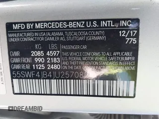 2018 Mercedes-Benz C with VIN 55SWF4JB4JU257082, listed as a IAAI auction lot 41807042 with 90,197 mi miles. Bid and sale history available at carsss.com. Image 9.
