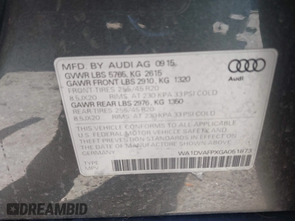 2016 Audi Q5 z VIN WA1DVAFPXGA051873, wystawiony jako IAAI lot #41729292 z przebiegiem 86 697 mil mil oraz . Historia ofert i sprzedaży dostępna na DreamBid. Obrazek 9.