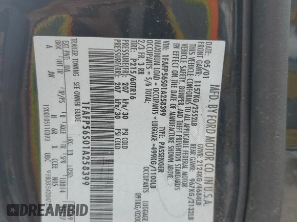 2001 Ford Taurus SEL with VIN 1FAFP56S01A258399, listed as a Copart auction lot 58963115 with 162,989 mi miles and Salvage title. Bid and sale history available at DreamBid. Image 12.