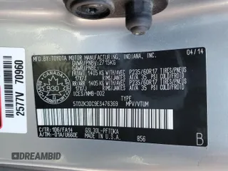 2014 Toyota Sienna L with VIN 5TDZK3DC9ES476369, listed as a Copart auction lot 48244165 with 123,574 mi miles and Salvage Title. Bid and sale history available at carsss.com. Image 14.