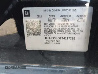 2018 Chevrolet Sonic LT z VIN 1G1JD5SG2J4117386, wystawiony jako IAAI lot #42162352 z przebiegiem 55 798 mil mil oraz . Historia ofert i sprzedaży dostępna na DreamBid. Obrazek 9.