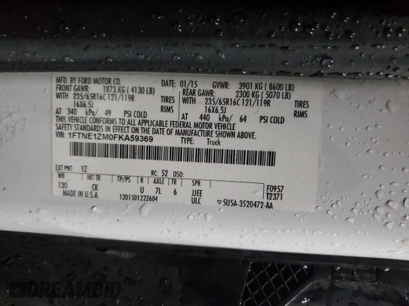 2015 Ford Transit Cargo with VIN 1FTNE1ZM0FKA59369, listed as a Copart auction lot 87335004 with 124,883 mi miles and Clean Title. Bid and sale history available at carsss.com. Image 13.
