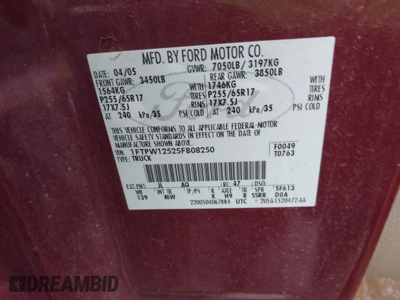 2005 Ford F-150 XLT with VIN 1FTPW12525FB08250, listed as a IAAI auction lot 42390066 with 123,605 mi miles and . Bid and sale history available at DreamBid. Image 9.